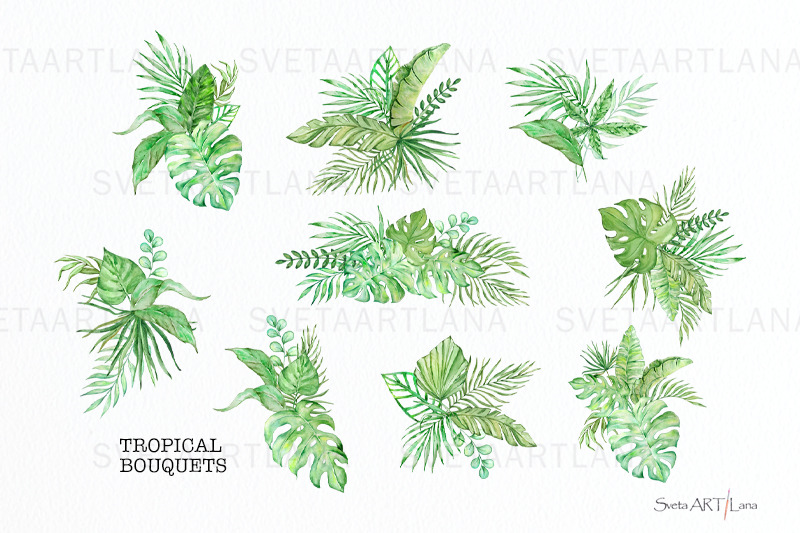 watercolor-tropical-leaves-bouquets-clipart