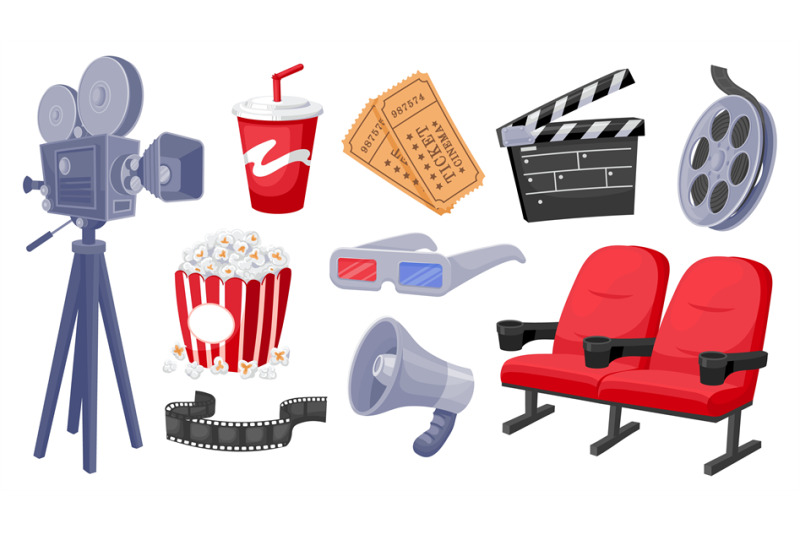 cartoon-movie-elements-camera-drink-tickets-megaphone-clapper-popcorn