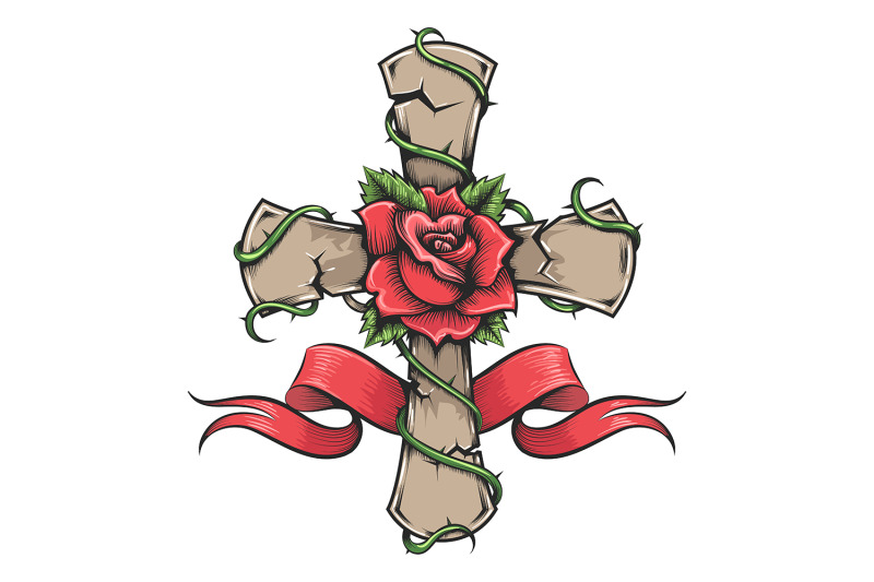 rose-on-stone-cross-and-ribbon-tattoo