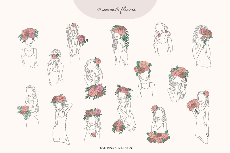 line-art-floral-woman-amp-elements