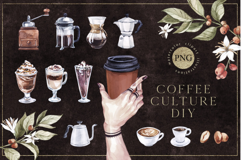 28-coffee-diy-objects-watercolor-drinks-png-clipart-set
