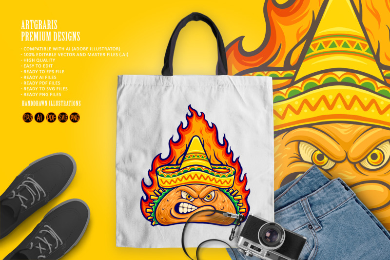 delicious-angry-mexican-taco-with-blazing-fire-illustrations