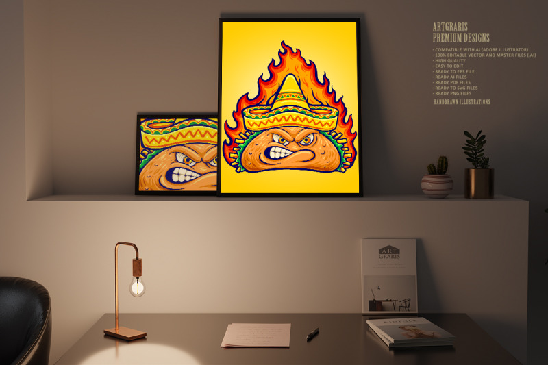 delicious-angry-mexican-taco-with-blazing-fire-illustrations