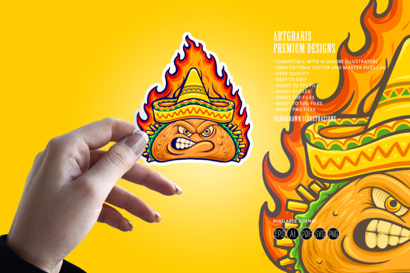 delicious-angry-mexican-taco-with-blazing-fire-illustrations