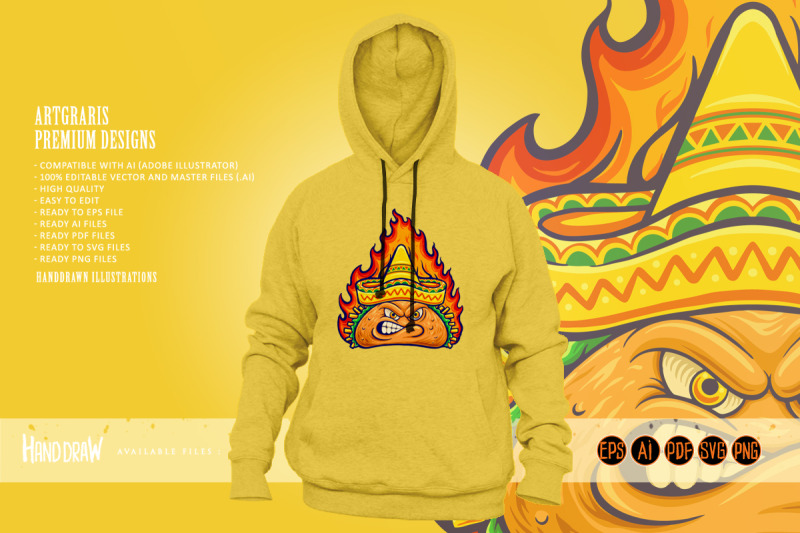 delicious-angry-mexican-taco-with-blazing-fire-illustrations