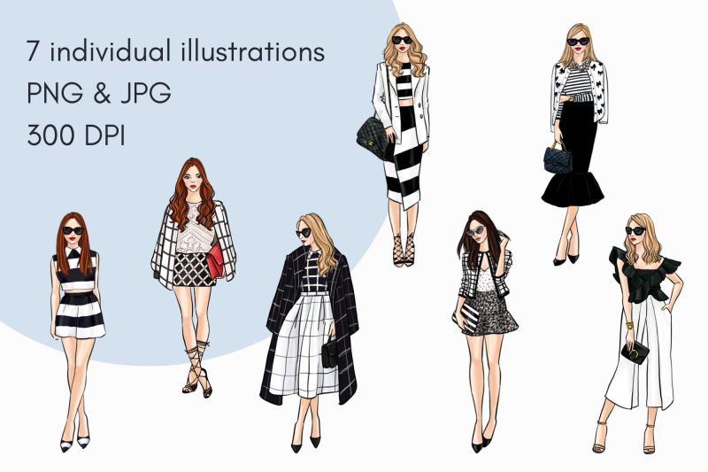 black-and-white-girls-4-light-skin-watercolor-fashion-clipart