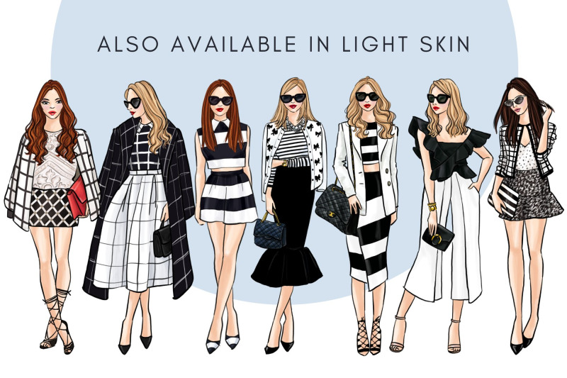 black-and-white-girls-4-dark-skin-watercolor-fashion-clipart