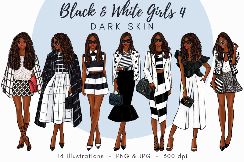 black-and-white-girls-4-dark-skin-watercolor-fashion-clipart