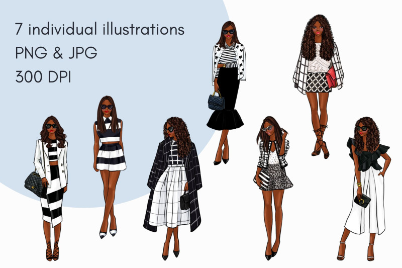 black-and-white-girls-4-dark-skin-watercolor-fashion-clipart