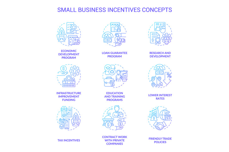 small-business-incentives-blue-gradient-concept-icons-set