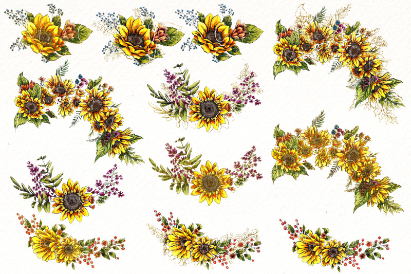 watercolor-sunflower-bouquets-clipart-summer-floral-png