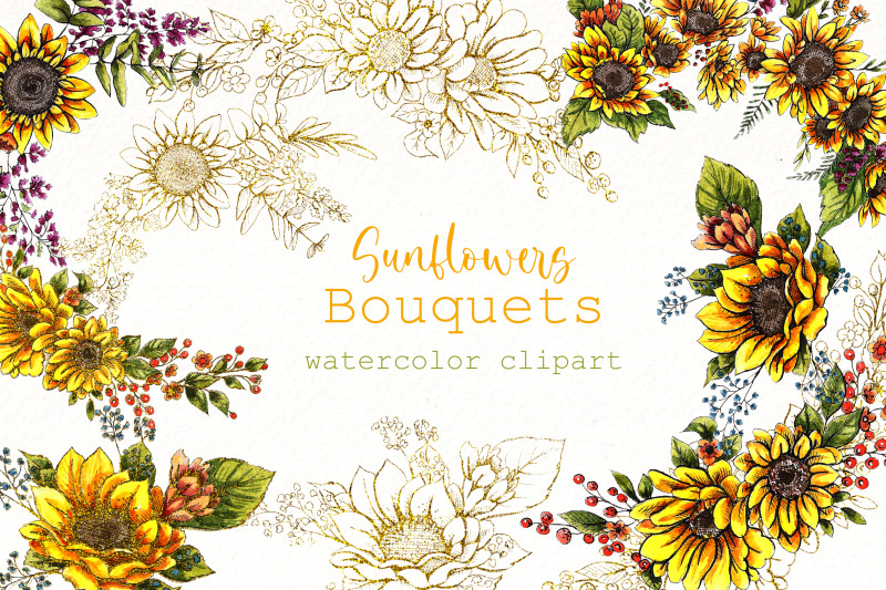 watercolor-sunflower-bouquets-clipart-summer-floral-png