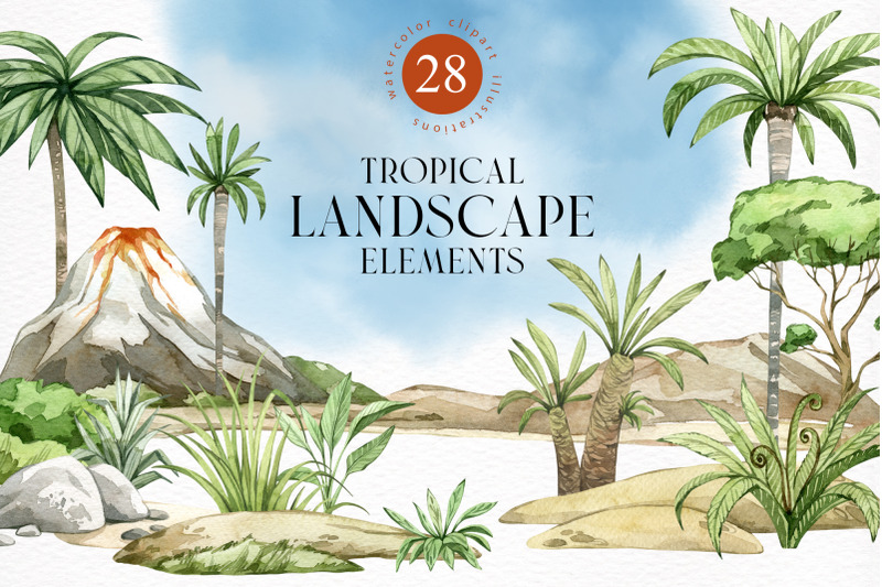 tropical-landscape-set-watercolor-nature-diy-png-clipart