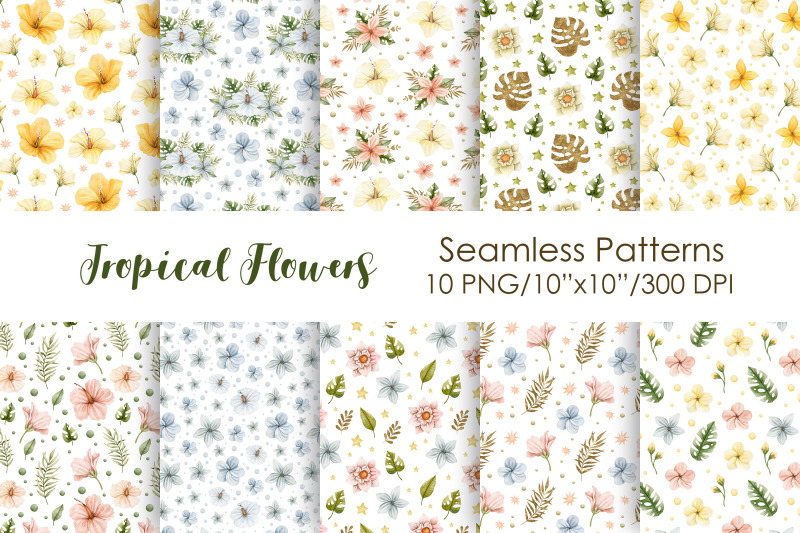 watercolor-tropical-flowers-seamless-patterns