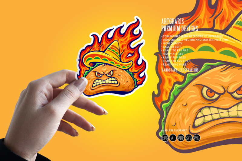 angry-delicious-mexican-taco-with-blazing-fire-illustrations