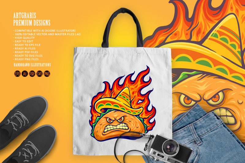 angry-delicious-mexican-taco-with-blazing-fire-illustrations