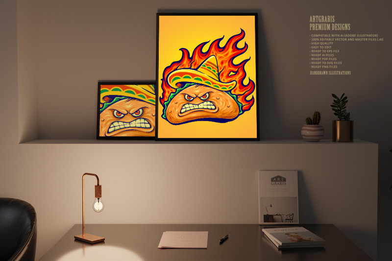 angry-delicious-mexican-taco-with-blazing-fire-illustrations