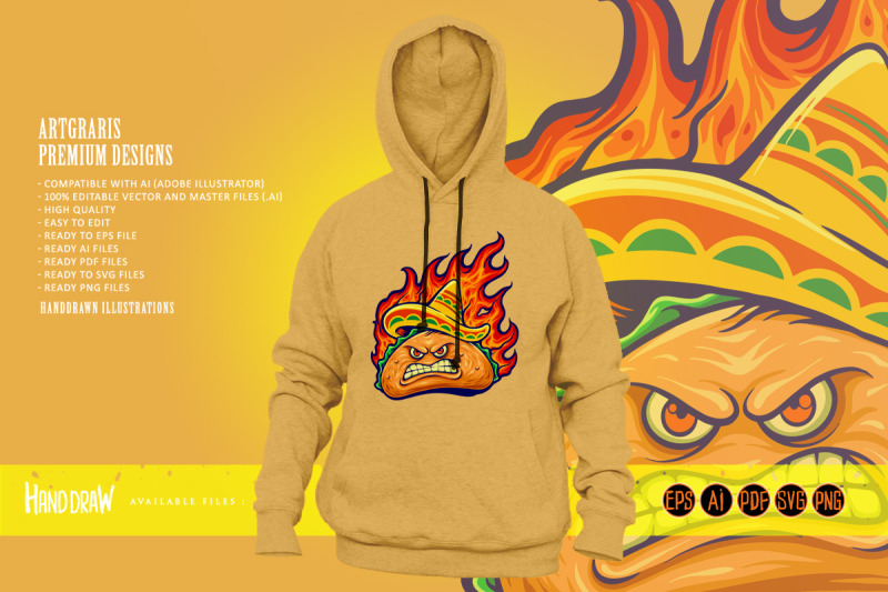 angry-delicious-mexican-taco-with-blazing-fire-illustrations