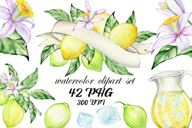 lemon-watercolor-clipart-hand-painting-fruit-lime-kitchen-food-wal