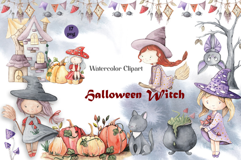 halloween-scenes-clipart-baby-witches-cute-watercolor-clipart