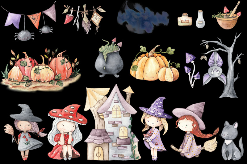 halloween-scenes-clipart-baby-witches-cute-watercolor-clipart
