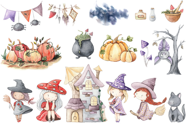 halloween-scenes-clipart-baby-witches-cute-watercolor-clipart