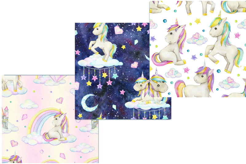 unicorn-watercolor-digital-paper-instant-download-rainbow-clip-art