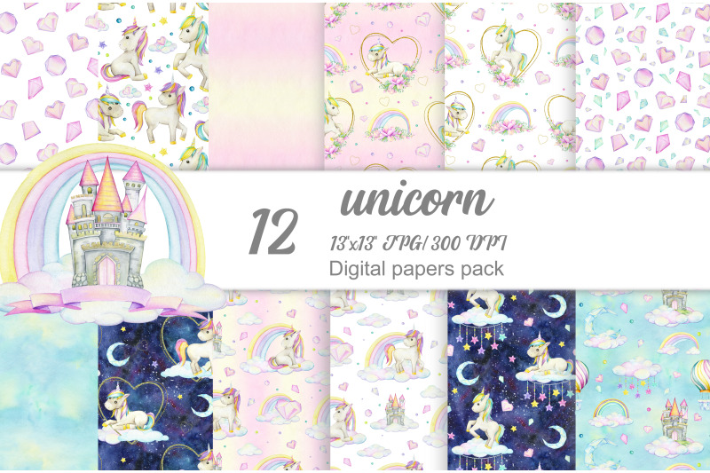 unicorn-watercolor-digital-paper-instant-download-rainbow-clip-art