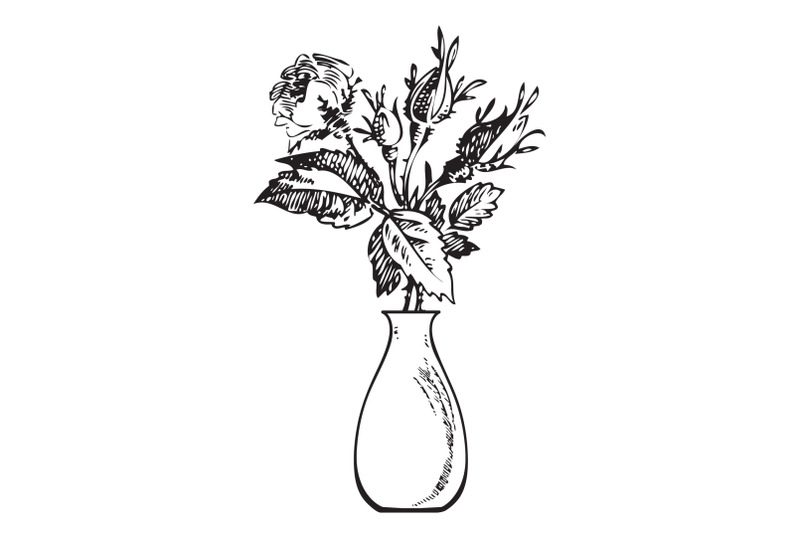 hand-drawn-bouquet-rose-in-vase-flower-rosebud-branches-and-leaves