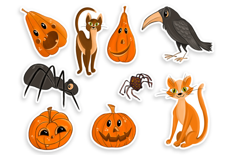 cute-halloween-stickers-cat-pumpkin-raven-spider