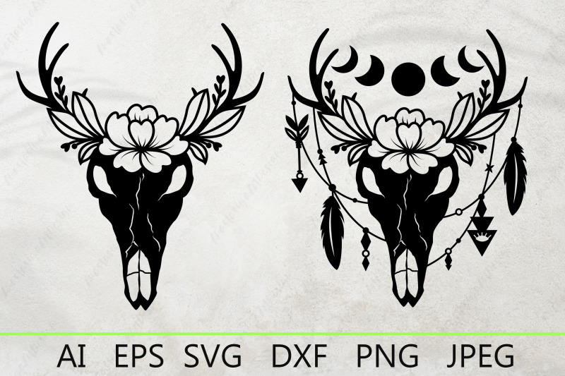 deer-skull-with-feathers-and-flower-svg-boho-skull-clipart