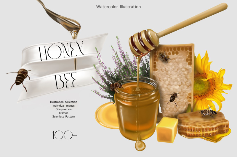 honey-bee-bundle-watercolor-clipart-png-honey-jar