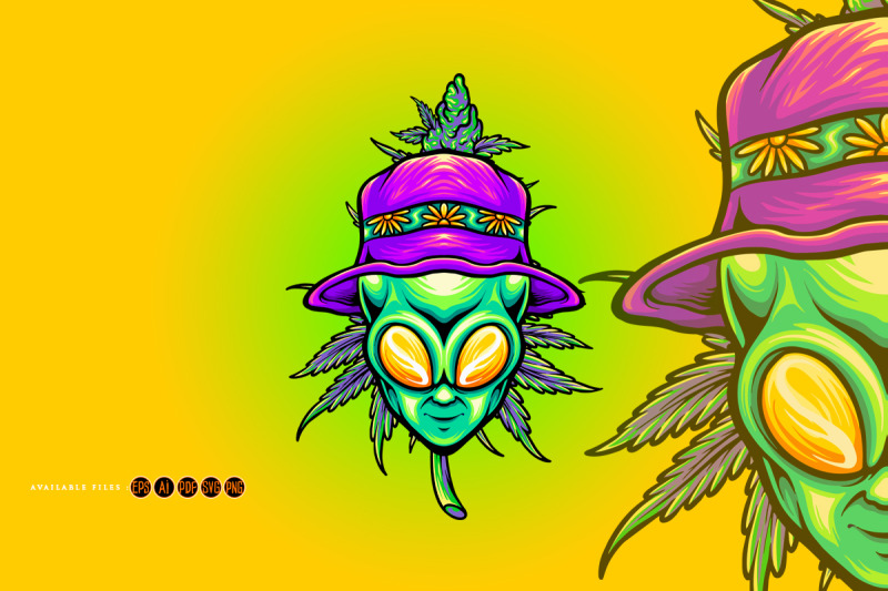 summer-alien-head-with-cannabis-weed-leaf-plant-illustrations