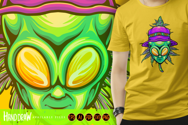 summer-alien-head-with-cannabis-weed-leaf-plant-illustrations