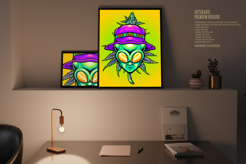 summer-alien-head-with-cannabis-weed-leaf-plant-illustrations