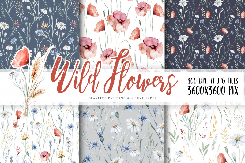 watercolor-wild-flowers-seamless-patterns-set