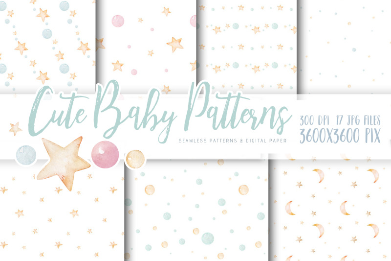 watercolor-baby-nursery-scrapbooking-paper-set-stars-and-dots-patterns