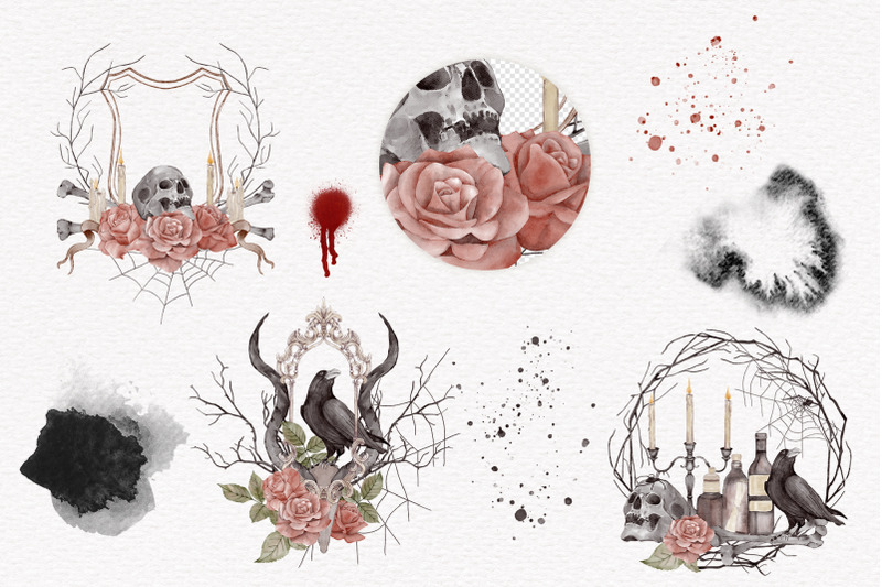 halloween-spooky-autumn-watercolor-clipart-pumpkin-skull-bat-rose-leav