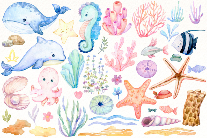 under-the-sea-watercolor-clipart-okean-png-nautical-print