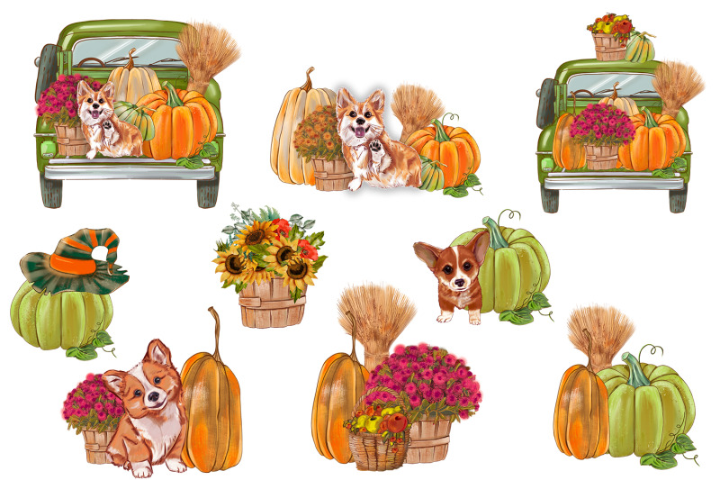 sunflower-pumpkin-picking-truck-cute-dog-autumn-png-compositions