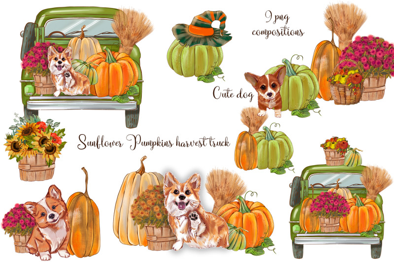 sunflower-pumpkin-picking-truck-cute-dog-autumn-png-compositions