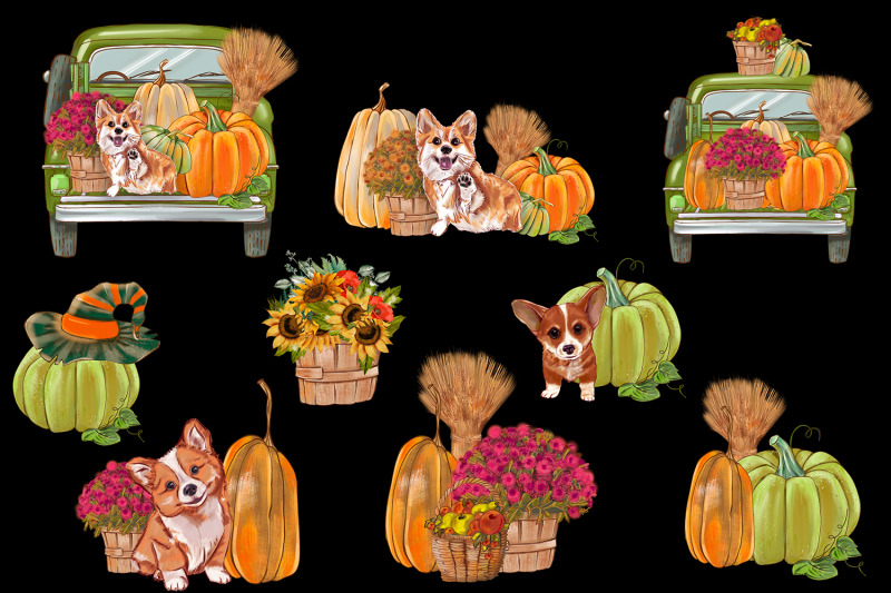 sunflower-pumpkin-picking-truck-cute-dog-autumn-png-compositions