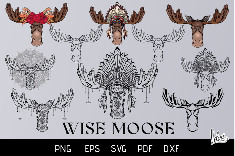 vector-set-of-wise-moose-head-with-ornaments-10-variations