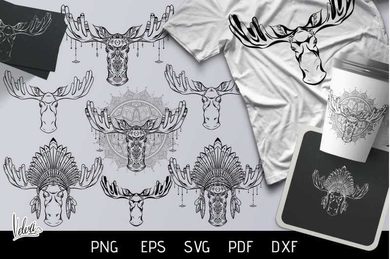 vector-set-of-wise-moose-head-with-ornaments-10-variations
