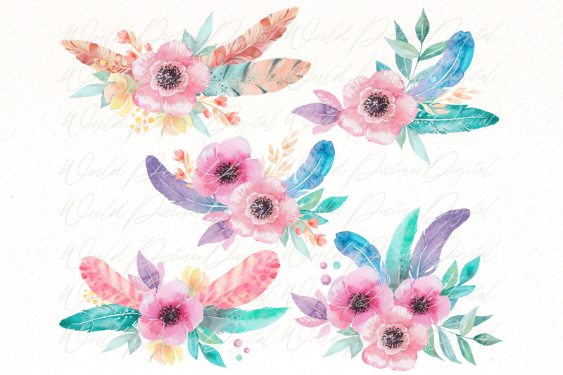 watercolor-boho-floral-bouquets-clipart-bundle-tropical-flowers-png