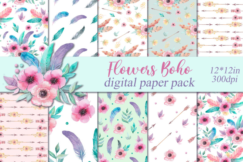 watercolor-flowers-boho-digital-paper-pack-floral-scrapbooking