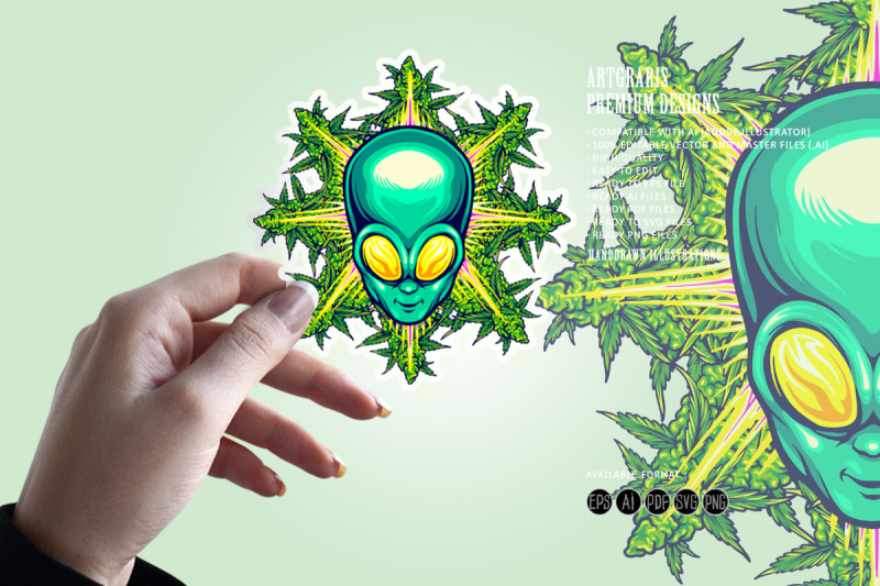 alien-head-with-cannabis-leaf-illustrations