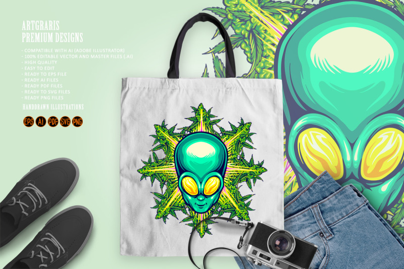 alien-head-with-cannabis-leaf-illustrations