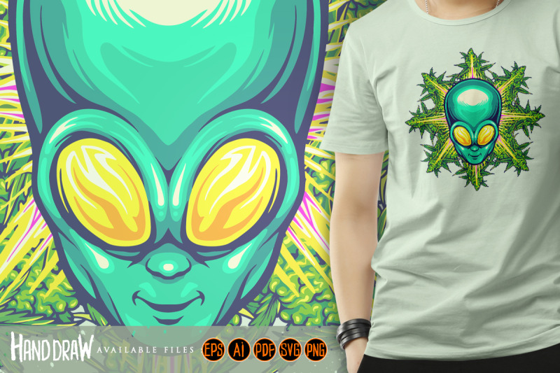 alien-head-with-cannabis-leaf-illustrations