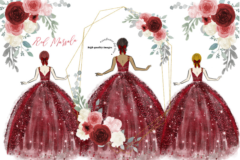 marsala-amp-gold-princess-dress-clipart-burgundy-flowers-clipart
